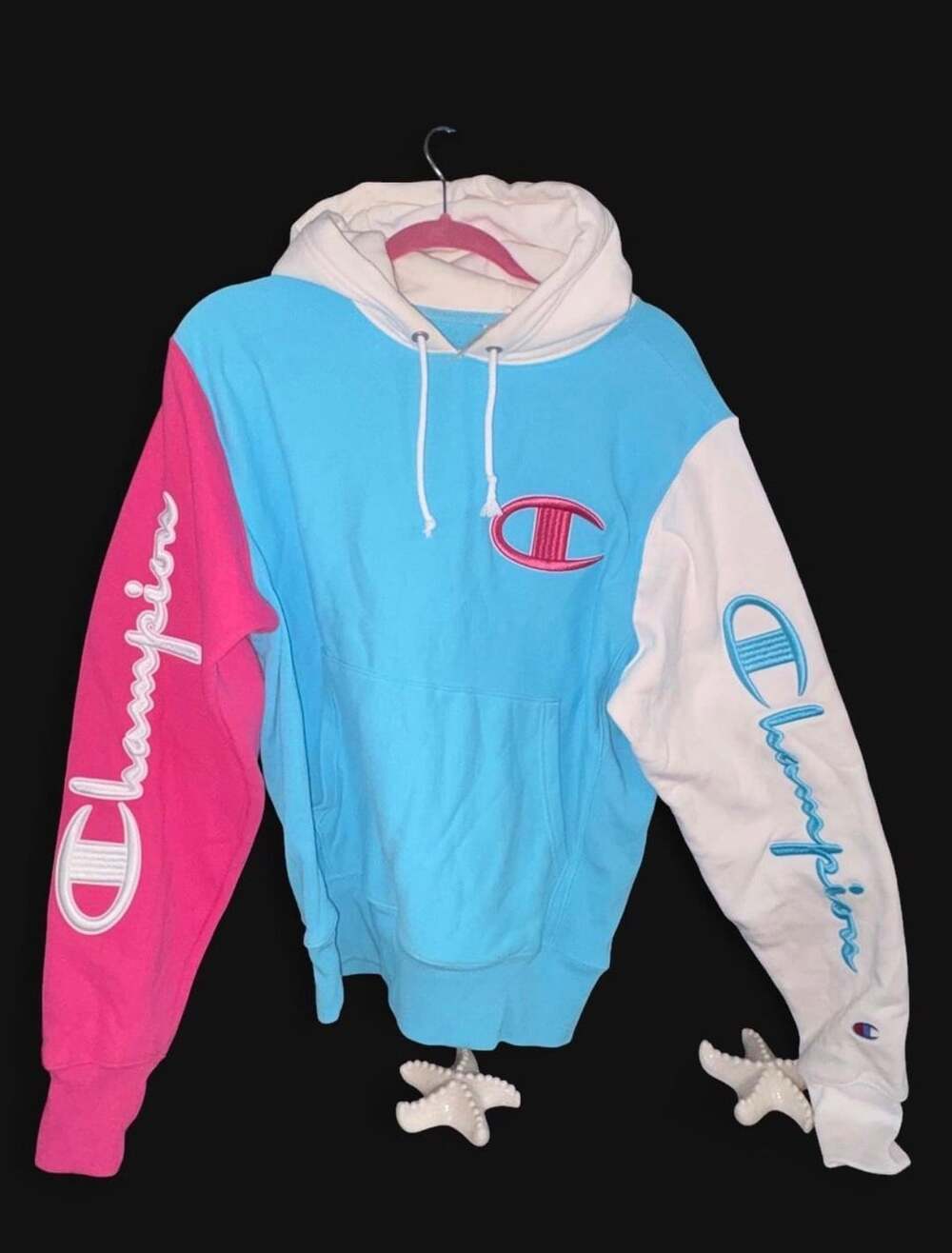 Champion Reverse Weave Colorblock Hoodie Size Small Light Blue